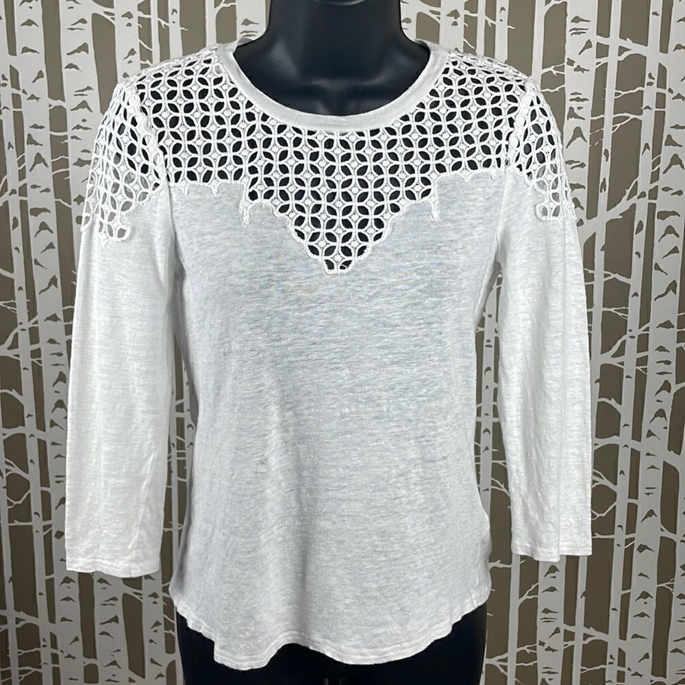 Rebecca Taylor 100% Linen 3/4 Sleeve Top with Embroidered Lace Shoulders sz XS